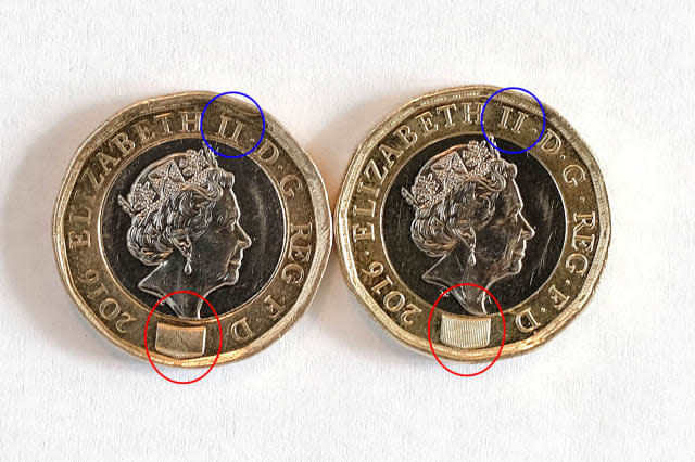 Two of the new one pounds coins including one given as change to Roy Wright which he believes may be fake (left). The suspect coin has been circled to show the areas of difference with the seemingly genuine coin on the right. See SWNS story SWFAKE; A charity worker suspects he has been given a fake NEW Â£1 coin - despite claims it is near-impossible to copy. The new 12-sided piece only came into circulation last month with the Royal Mint proudly announcing it was "forgery proof" and the world's most secure coin. But a 48-year-old man, who has asked not wish to be named, is convinced he has already stumbled across a counterfeit version. He says the fake, stamped 2016, came in change from a Co-Op in Addlestone, Surrey and has subtle but significant differences to the real thing.