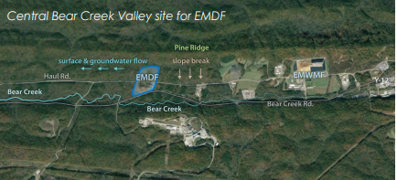 A screen-capture of the map of the proposed landfill, labeled EMDF, from Department of Energy fact sheets. The facility to the south of the creek is the Spallation Neutron Source on the other side of a ridge.