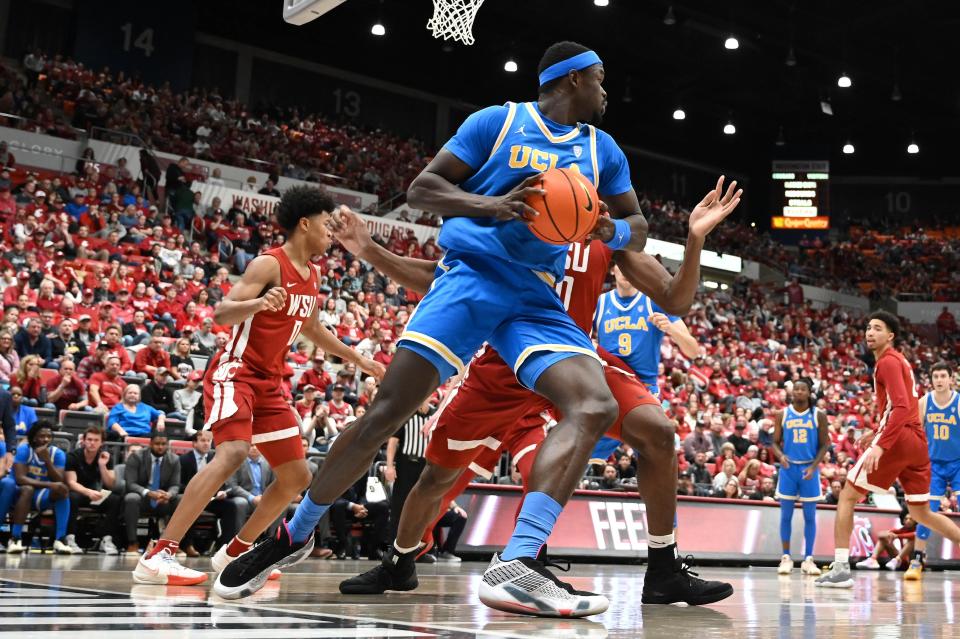 UCLA Bruins forward Adem Bona (3) rebounds the ball against the Washington State Cougars in the second half at Friel Court at Beasley Coliseum.