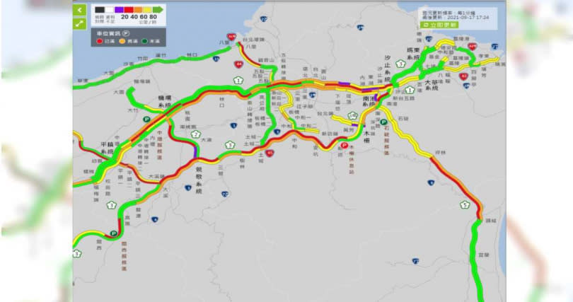 中秋連假明天到來，國道今日下午湧現首波南下車潮。（圖／翻攝自高公局1968網站）