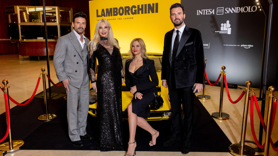 Actors Frank Grillo and Mira Sorvino (far left and third from left) pose alongside Lady Monika Bacardi and Andrea Iervolino at the premiere of "Lamborghini: The Man Behind the Legend" in Milan.