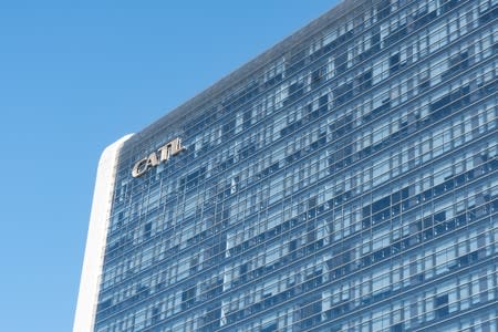 Sign of Chinese battery maker Contemporary Amperex Technology Ltd (CATL) is seen on its building in Ningde