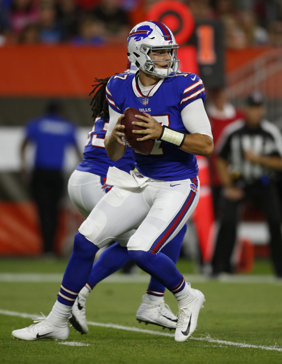 Buffalo Bills quarterback Josh Allen (17) looks to pass during the first half of the tema's NFL football preseason game against the Cleveland Browns, Friday, Aug. 17, 2018, in Cleveland. (AP Photo/Ron Schwane)