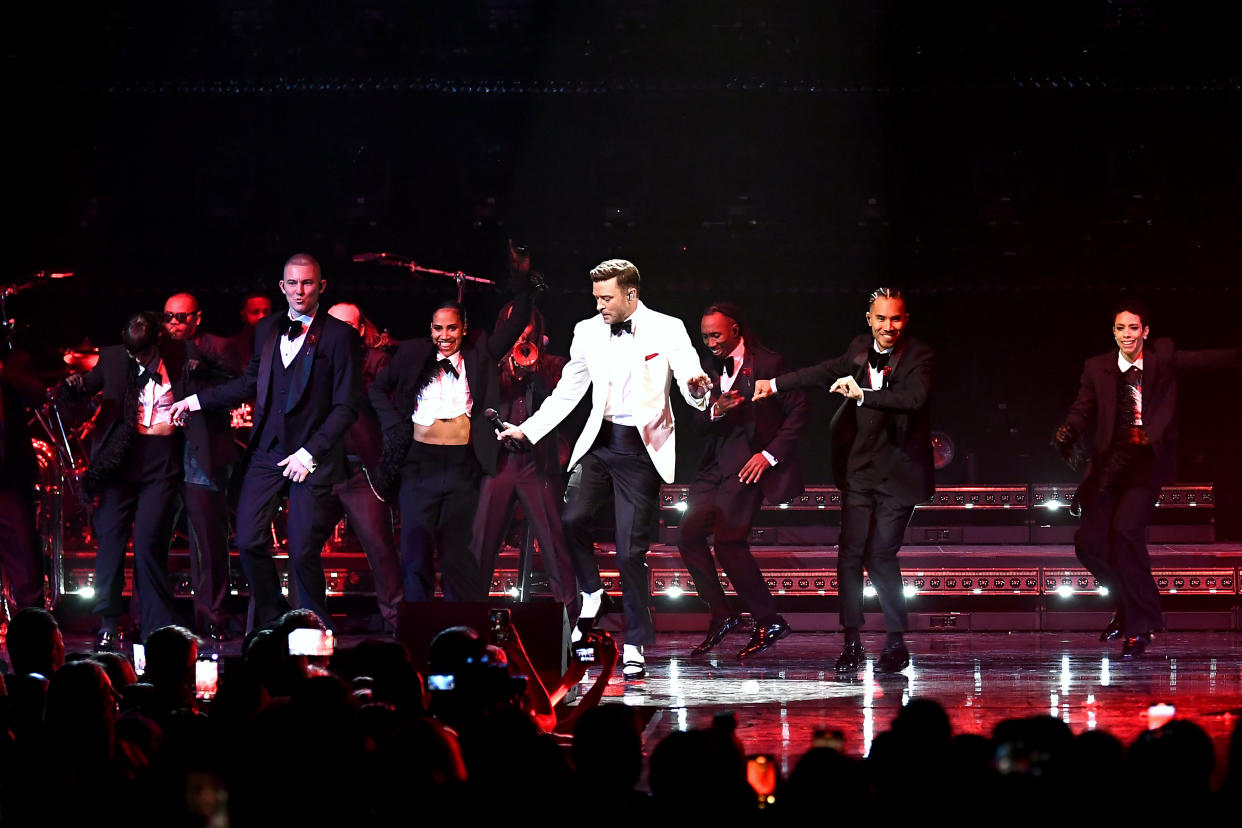 Justin Timberlake performing at the Fontainebleau Las Vegas grand opening celebration. 