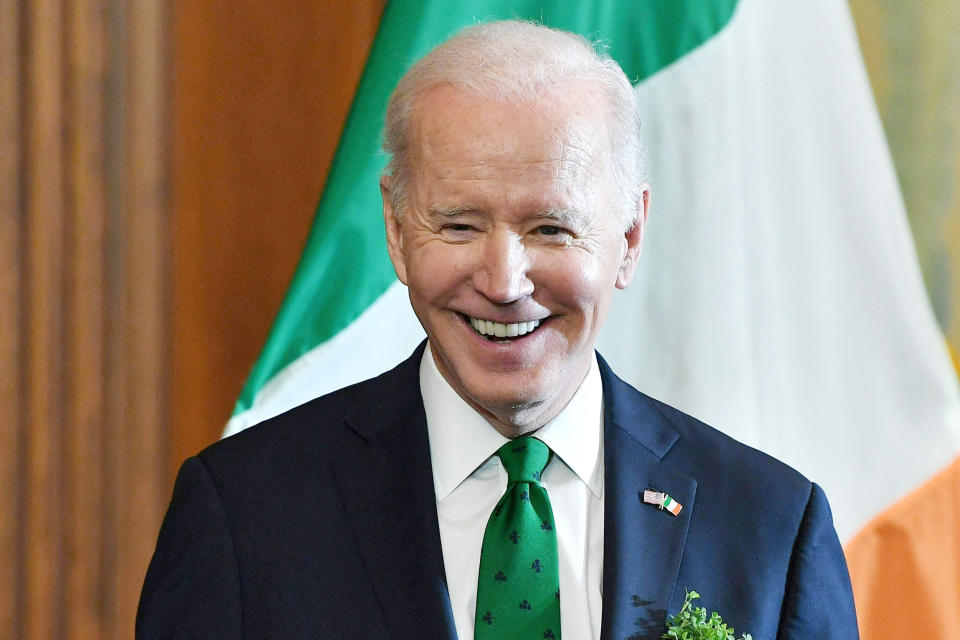 (FILES) In this file photo taken on March 17, 2022, US President Joe Biden speaks during the annual St. Patrick's Day luncheon on Capitol Hill in Washington, DC. - When a British journalist once asked Joe Biden for an interview, the US president responded with a joke.

