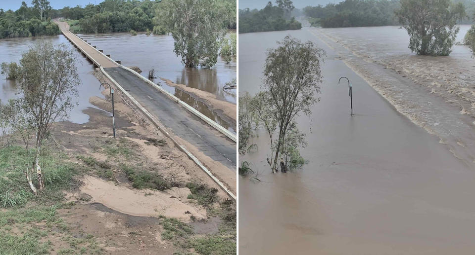 A non-flooded and flooded Gulf Development Road are pictured following heavy rain in Far North Queensland.