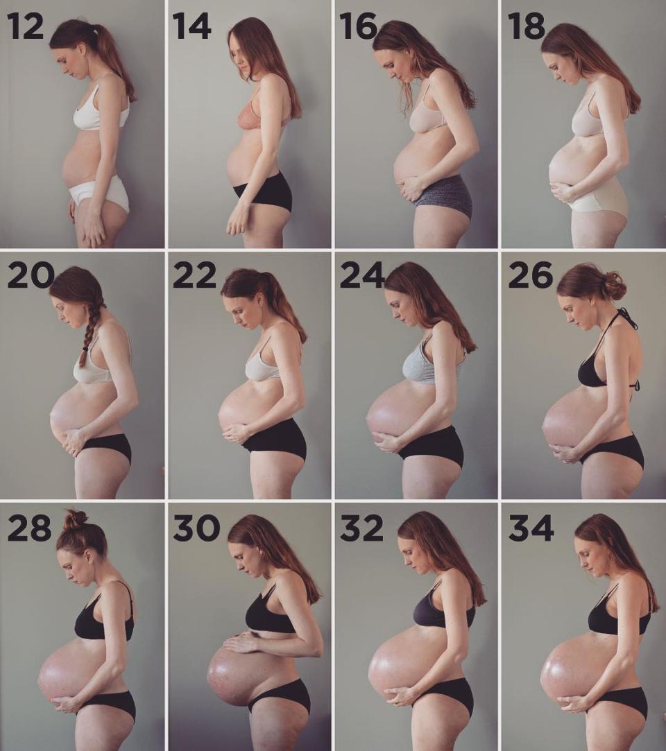 <p>Une mère enceinte de triplés a pris régulièrement des photos extraordinaires de son ventre, d’une semaine à l’autre. Crédit photo : Instagram triplets_of_copenhagen </p>