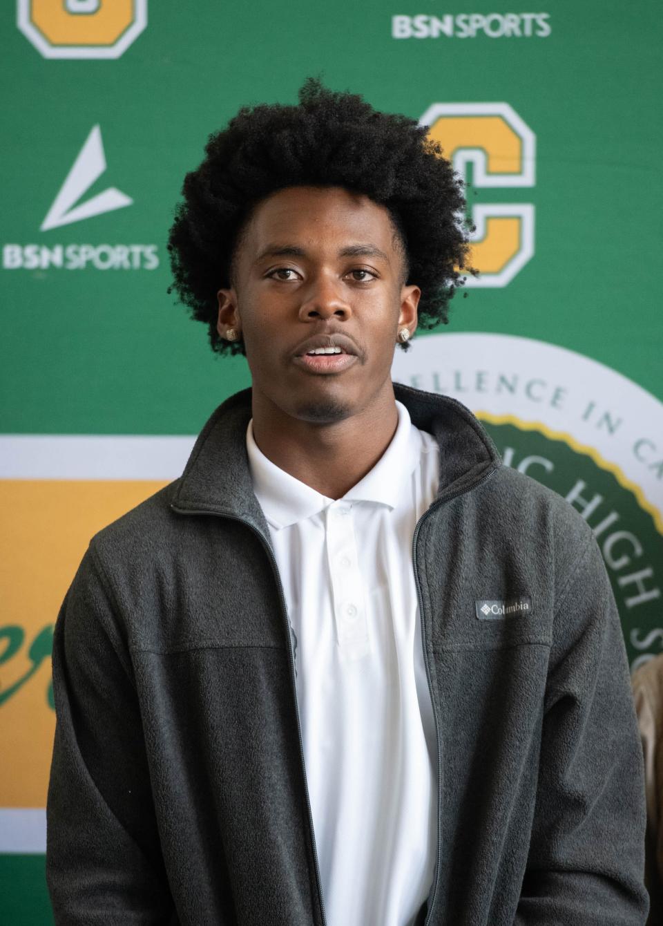 Jayvion Showers speaks after signing with Arkansas State University on Early National Signing Day at Pensacola Catholic High School on Wednesday, Dec. 20, 2023.