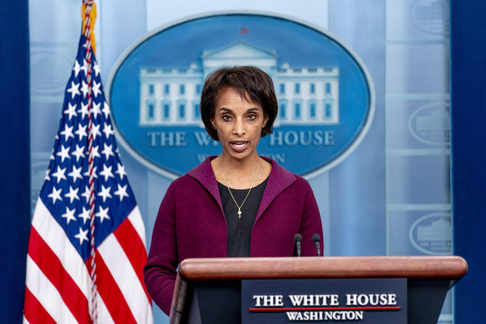 Council of Economic Advisers Chair Cecilia Rouse speaks at a press briefing at the White House in Washington, Friday, March 10, 2023. (AP Photo/Andrew Harnik)