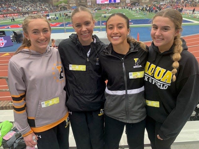 Padua’s 4 x 800 team of Molly Flanagan, Madelyn Mead, Sophia Holgado, Kelsey Wolff placed third in their heat Friday at the Penn Relays.