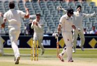 Australia's wicketkeeper Peter Nevill (R) celebrates with team-mates Josh Hazlewood (L) and Shaun Marsh after he caught New Zealand's Mark Craig (2nd R) for 15 runs during the third day of their third cricket test match at the Adelaide Oval, in South Australia, November 29, 2015. REUTERS/David Gray