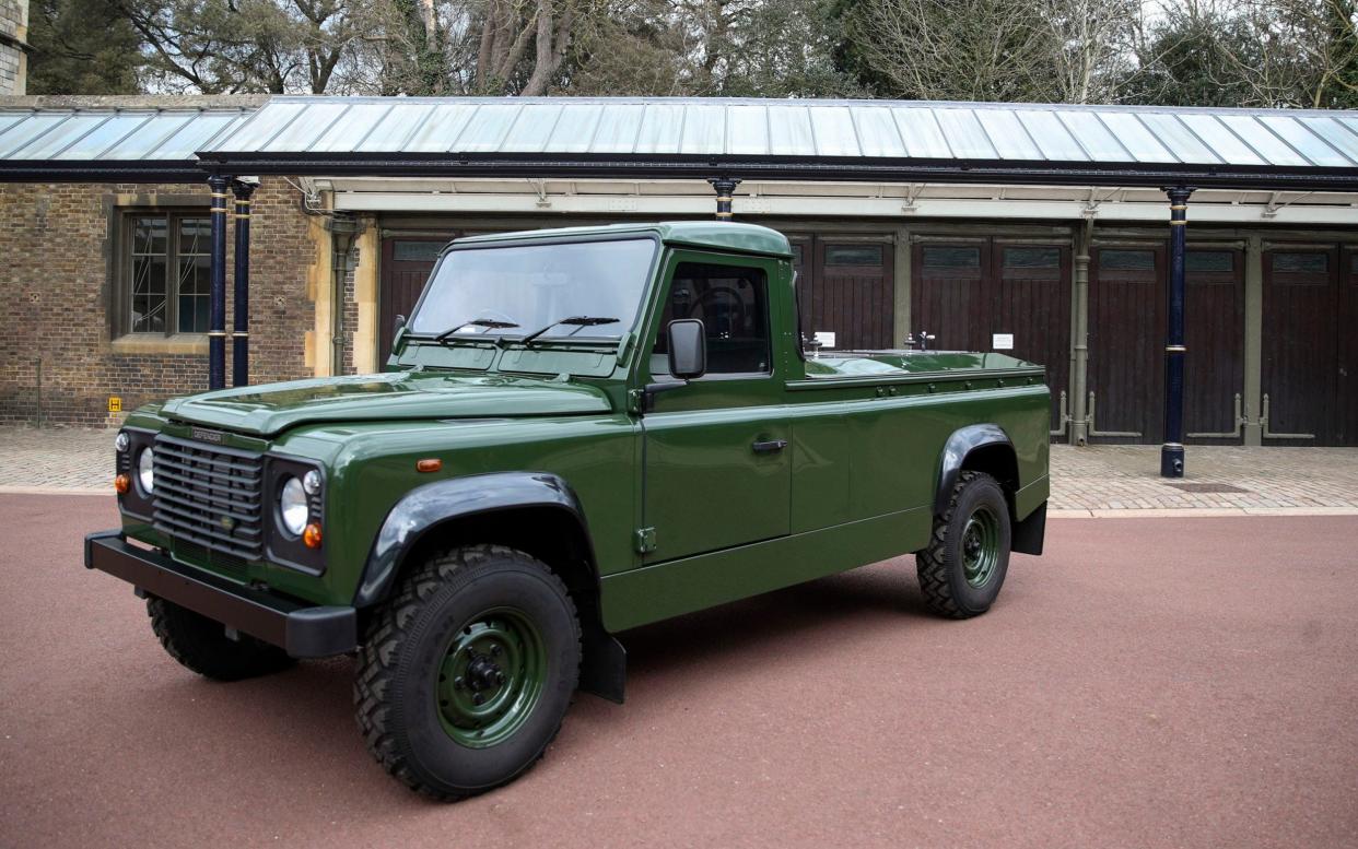 The Jaguar Land Rover that will be used to transport the coffin of the Duke of Edinburgh at his funeral on Saturday, pictured at Windsor Castle - Steve Parsons/PA