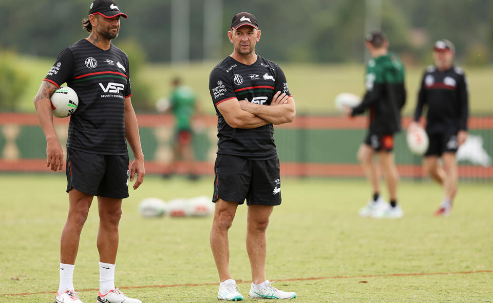 John Sutton and Jason Demetriou, pictured here at a South Sydney training session.