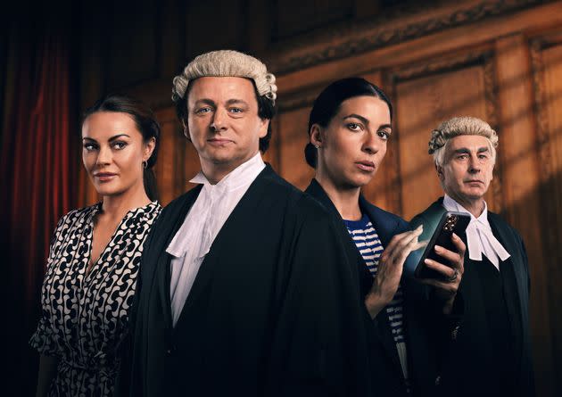 The cast of Vardy vs. Rooney: A Courtroom Drama: (L-R) Chanel Cresswell as Coleen Rooney, Michael Sheen as Coleen’s barrister David Sherborne, Natalia Tena as Rebekah Vardy and Simon Coury as Rebekah Vardy’s barrister Hugh Tomlinson. (Photo: Channel 4 via PA Media)