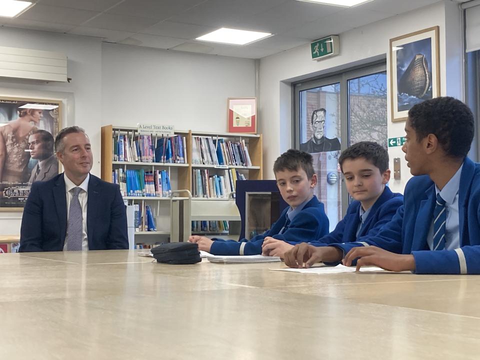 Stormont Education Minister Paul Givan meeting pupils at Rathmore Grammar in Belfast who are part of the school’s council (Rebecca Black/PA)