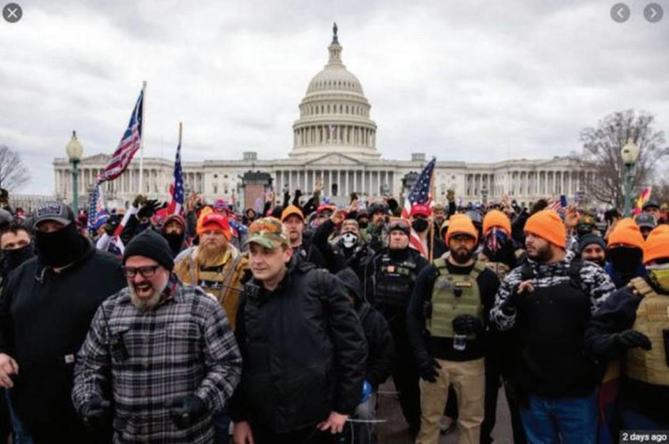 The affidavit in support of the criminal complaint says the bearded man at front left in this mob outside the U.S. Capitol is Ormond Beach’s Joseph Biggs.