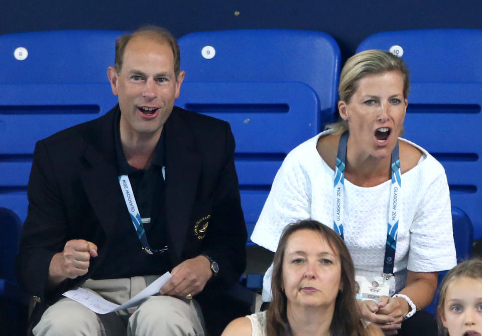 Prince Edward and the Countess of Wessex watch the Women's 400m Freestyle Final, at Tollcross International Swimming Centre, during the 2014 Commonwealth Games in Glasgow.   (Photo by Andrew Milligan/PA Images via Getty Images)