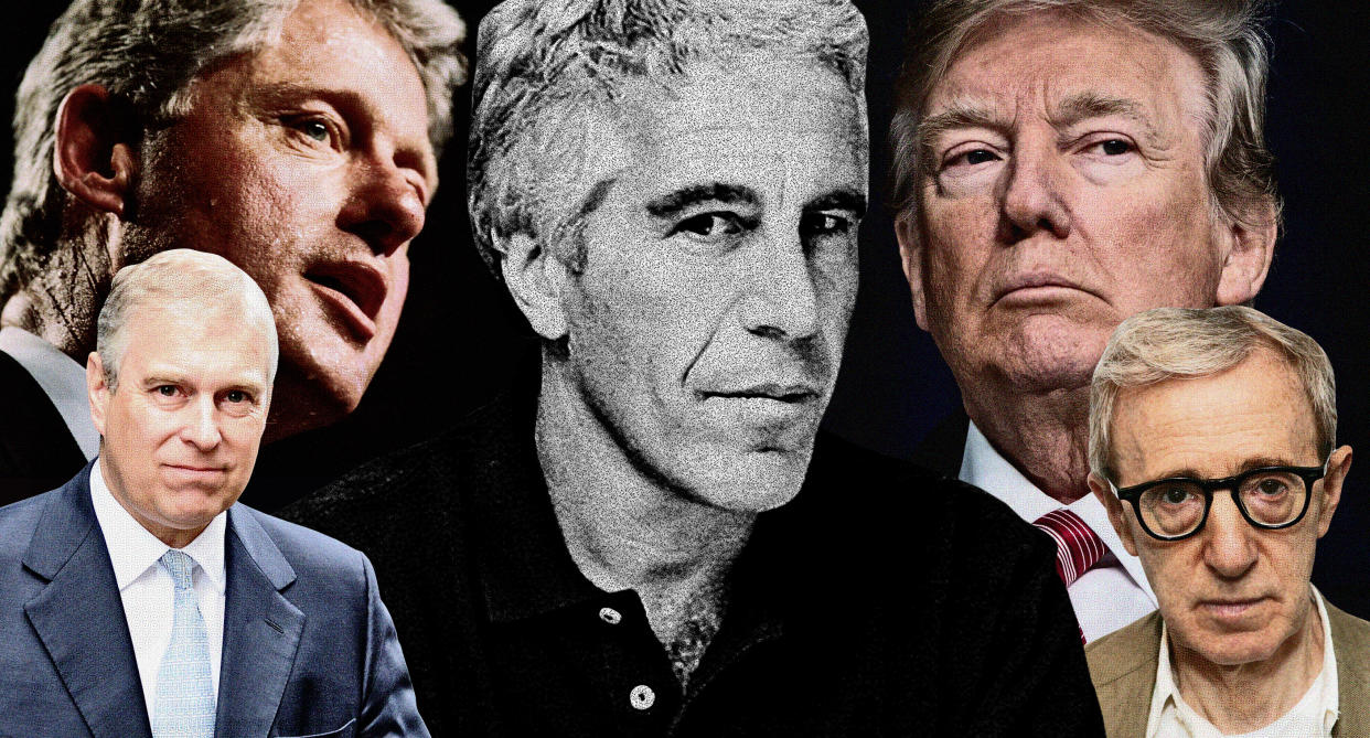 Jeffrey Epstein has been linked to many politicians and celebs over the years, including, clockwise from top left, Bill Clinton, Donald Trump, Woody Allen and Prince Andrew. (Photos: Getty Images/Quinn Lemmers for Yahoo Lifestyle)