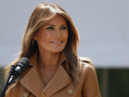 U.S. first lady Melania Trump delivers remarks at the "launch of her Be Best initiatives in the Rose Garden of the White House in Washington, U.S., May 7, 2018. REUTERS/Kevin Lamarque