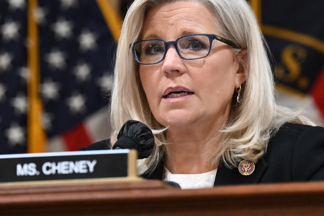 Rep. Liz Cheney, R-Wyo., delivers her opening statement at the House select committee hearing on Tuesday. (Photo by Saul Loeb/AFP via Getty Images)