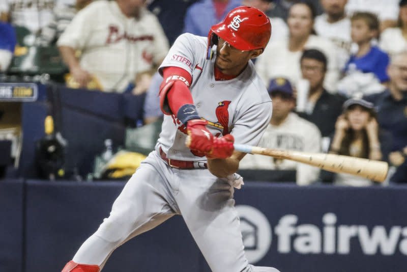 St. Louis Cardinals left fielder Richie Palacios hits a two-run double against the Milwaukee Brewers on Tuesday at American Family Field in Milwaukee. Photo by Tannen Maury/UPI