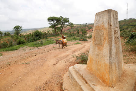 FILE PHOTO: A woman walks a donkey pass a stone marking the Ethiopian-Kenyan border near the town of Moyale, Kenya March 27, 2018. Picture taken March 2018. REUTERS/Baz Ratner/File Photo