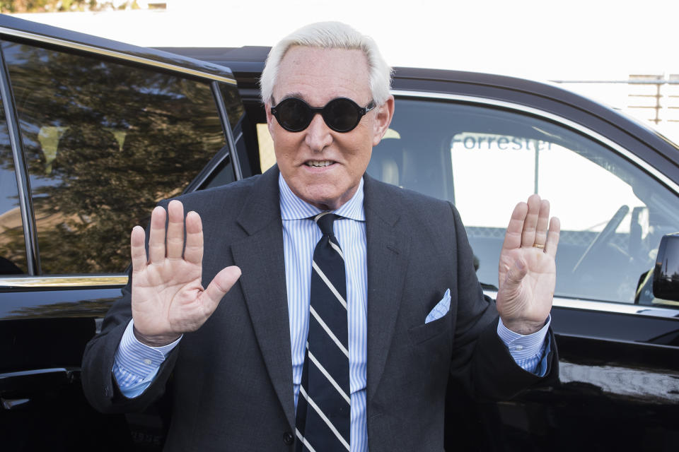 Roger Stone arrives at Federal Court for the second day of jury selection for his federal trial, in Washington, Wednesday, Nov. 6, 2019. Stone, a longtime Republican provocateur and former confidant of President Donald Trump, goes on trial over charges related to his alleged efforts to exploit the Russian-hacked Hillary Clinton emails for political gain. (AP Photo/Cliff Owen)