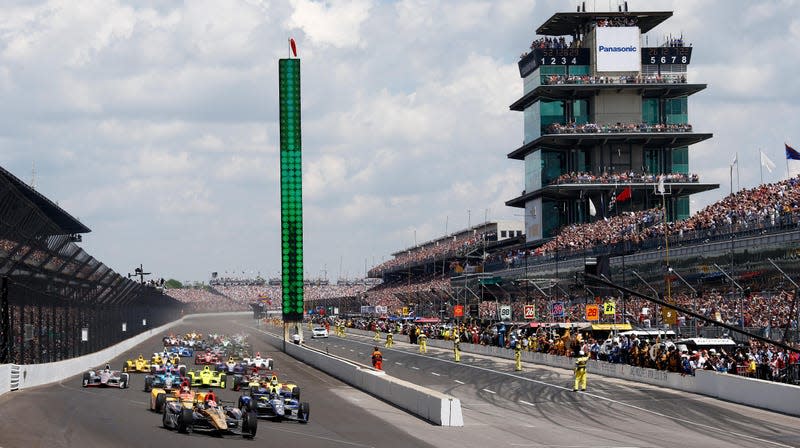 James Hinchcliffe of Canada, driver of the No. 5 ARROW Schmidt Peterson Motorsports Chevrolet, leads the field at the start of the 100th running of the Indianapolis 500 at Indianapolis Motor Speedway on May 29, 2016.