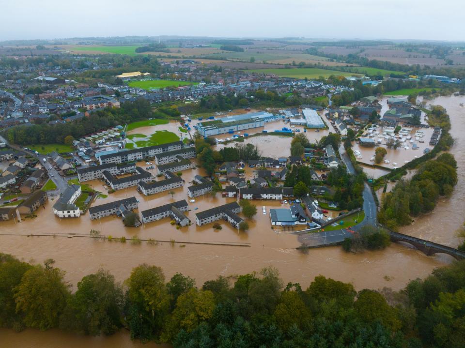 Brechin, Scotland, UK. 20th October 2023.  Aerial views of Brechin after the River South Esk breaks its banks in the early hours on Friday. Many streets adjacent to the river are flooded and residents were evacuated on Thursday night until Friday morning. Storm Babet has brought exceptionally heavy rainfall and winds over the last 24hours. Iain Masterton