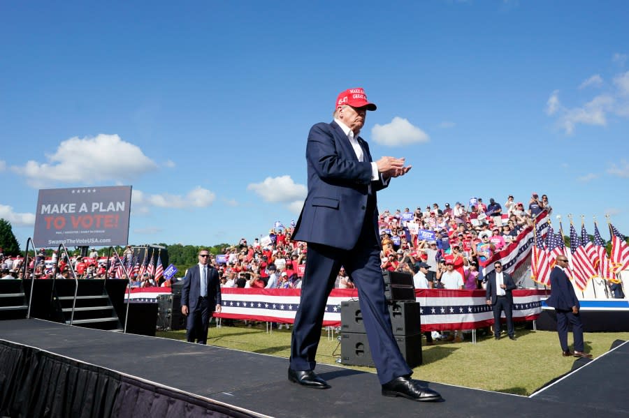 Republican presidential candidate former President Donald Trump leaves a campaign rally in Chesapeake, Va., Friday, June 28, 2024. (AP Photo/Steve Helber)