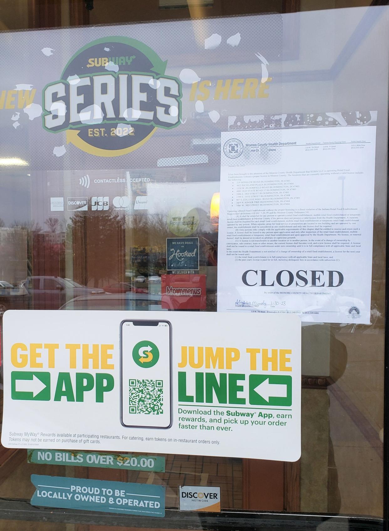 The Subway shop at 319 Winslow Road was one of nine that were closed Monday by the Monroe County Health Department.