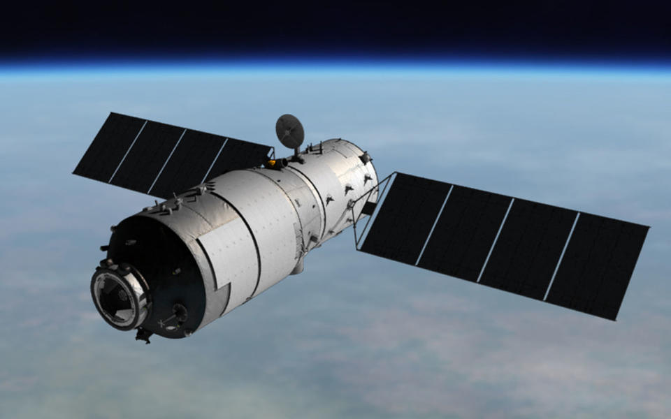 China's first space station Tiangong-1, shown here in an artist's illustration, is expected to fall to Earth late April 1 or early April 2, 2018. <cite>China Manned Space Engineering Office</cite>