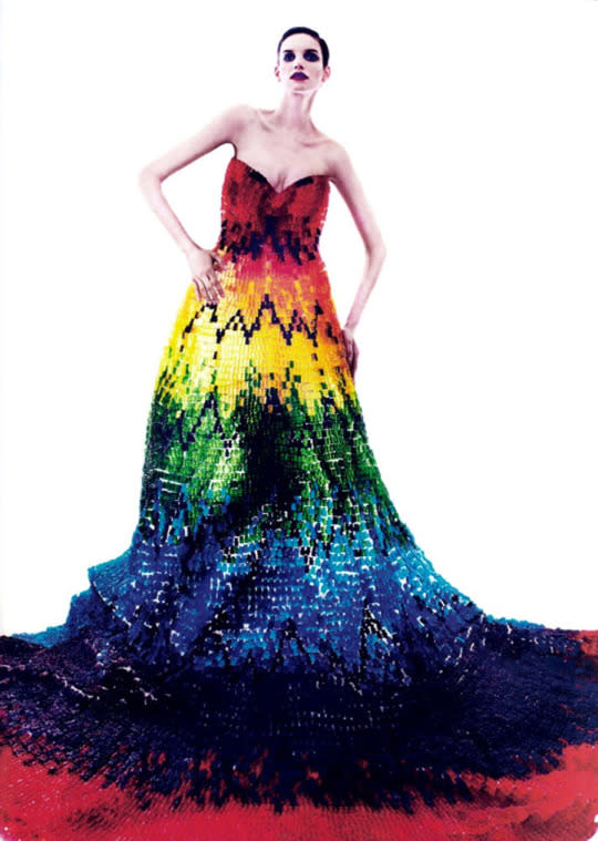 <p>Inspired by late designer Alexander McQueen, stylists Hissa Igarashi and Sayuri Marakumi created this stunning, rainbow-gradient gown using<a href="http://www.mymodernmet.com/profiles/blogs/mcqueen-inspired-50000-gummy-bears-dress" rel="nofollow noopener" target="_blank" data-ylk="slk:50,000 gummy bears;elm:context_link;itc:0;sec:content-canvas" class="link "> 50,000 gummy bears</a> glued to a vinyl base in 2012. In all, it weighed 220 pounds. Must’ve been really tough not munching on some of the chewy embellishments, especially with all those red ones up top (since everyone knows red is the best flavor)!</p>