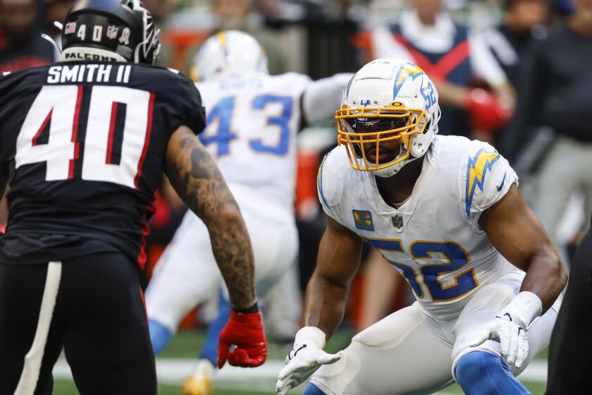 Los Angeles Chargers linebacker Khalil Mack during the second half of a NFL football game Sunday, Nov. 6, 2022, in Atlanta. (AP Photo/Butch Dill)