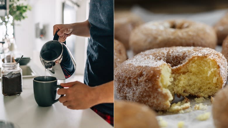 man pours coffee cake donut