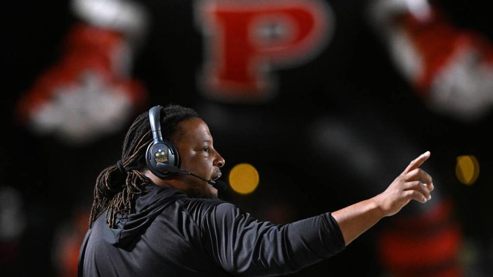 Palmetto head football coach Rashad West during the game against Manatee on Friday, Oct. 27, 2023 in Palmetto.