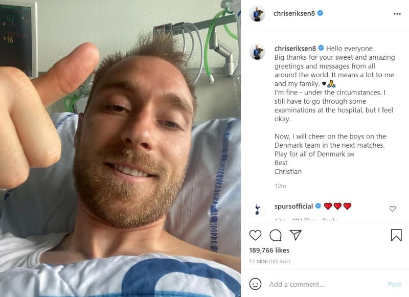 Danish footballer Eriksen gives a thumbs-up at Rigshospitalet in Copenhagen