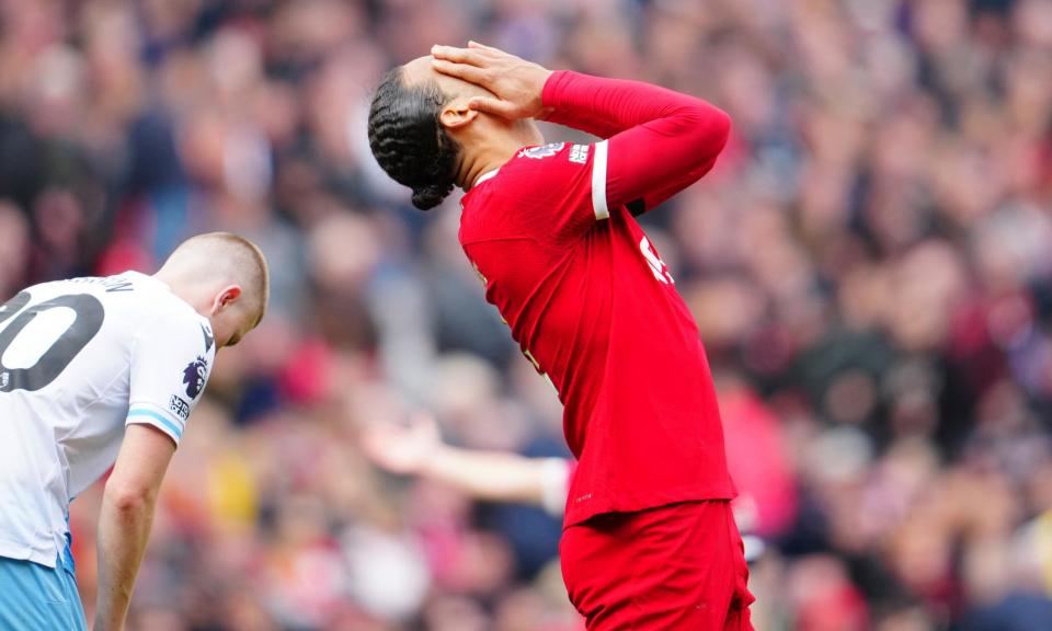 <span>Liverpool's Virgil van Dijk reacts during the 1-0 Premier League defeat to Crystal Palace.</span><span>Photograph: Jon Super/AP</span>