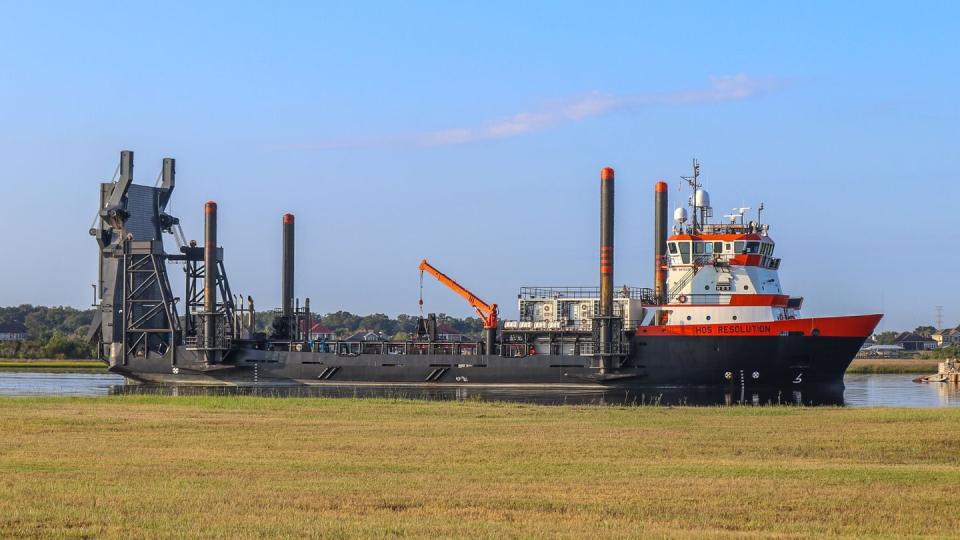 The HOS RESOLUTION is an experimental stern landing vessel platform that the Marine Corps Warfighting Laboratory contracted from Hornbeck Offshore Services via Military Sealift Command to support Force Design 2030 objectives. (Cpl. Nicholas Martinez/U.S. Marine Corps)