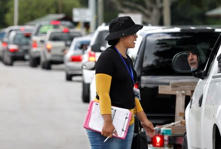 Long cars queue forms to get sandbags ahead of the arrival of Hurricane Dorian in Kissimmee