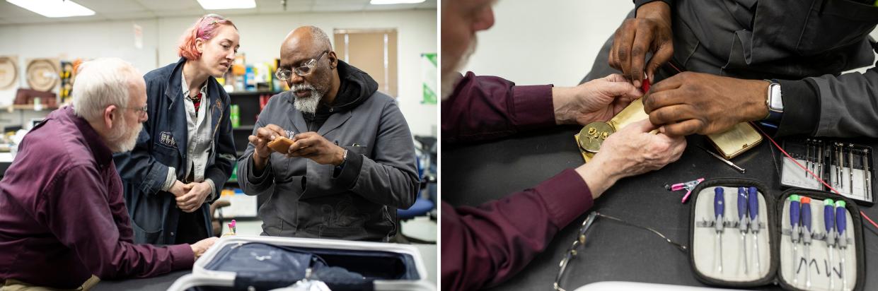 LEFT: Makers Works staff member Randy Williams, right, helps a guest repair an alarm clock with a broken hinge as staff member Ella Bourland, center, watches during Fix It Friday at Maker Works in Ann Arbor on Friday, April 19, 2024. RIGHT: Makers Works staff member Randy Williams, right, helps repair an alarm clock with a broken hinge.