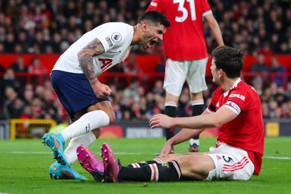 Tottenham’s Cristian Romero celebrates after Harry Maguire scores an own goal, though Manchester United still ended up winning 3-2.