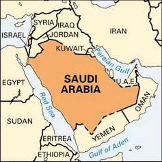 Locator map of Yemen showing proximity of Saudi Arabia and position of Iran.