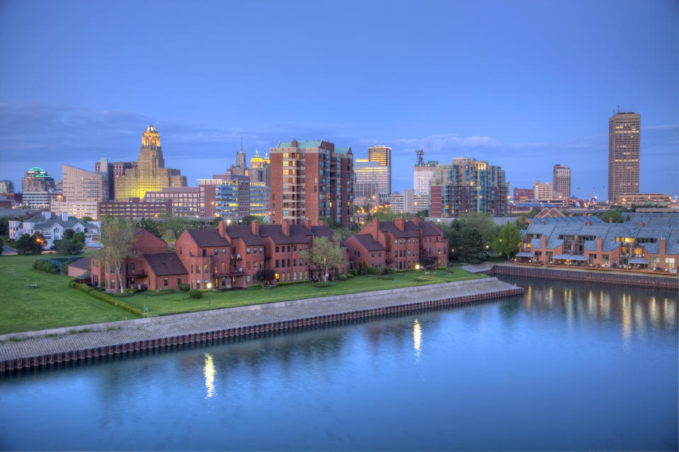 The waterfront of Buffalo, New York, at dusk