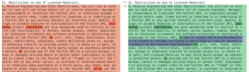 A previous version of Twitter’s developer agreement dated October 10, 2022 (right) and an updated version, including the new line about creating Twitter clones, dated January 19, 2023 (left). Blue highlight is Gizmodo’s.