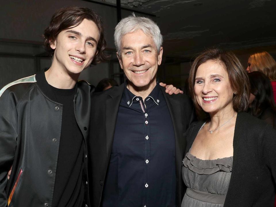 <p>Todd Williamson/January Images/Shutterstock </p> Timothee Chalamet, Marc Chalamet and Nicole Flender at the Sony Pictures Nominee Dinner on March 3, 2018 in Los Angeles, CA.