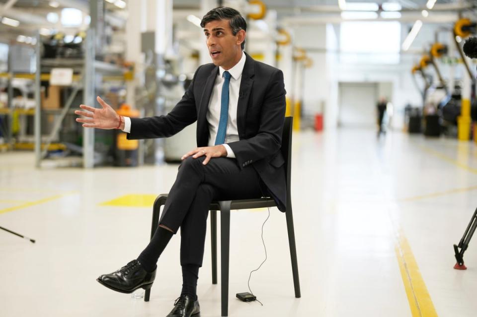 Britain’s Prime Minister, Rishi Sunak visits Land Rover for an announcement on a new electric car battery factory on July 19, 2023  (Getty Images)