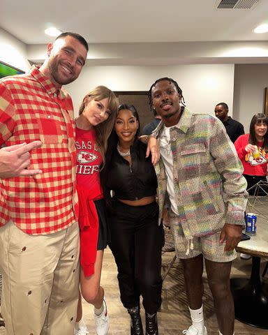 <p>Chariah Gordon Instagram</p> Travis Kelce, Taylor Swift, Chariah Gordon, and Mecole Hardman Jr.