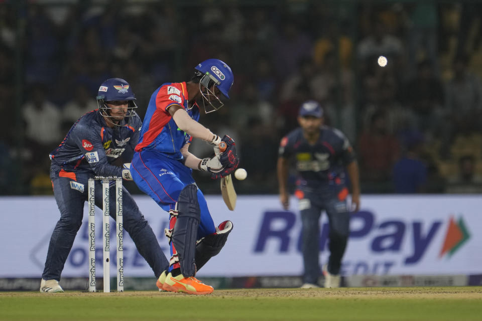 Delhi Capitals' Abishek Porel plays a shot during the Indian Premier League cricket match between Delhi Capitals and Lucknow Super Giants in New Delhi, India, Tuesday, May 14, 2024.(AP Photo/Manish Swarup)