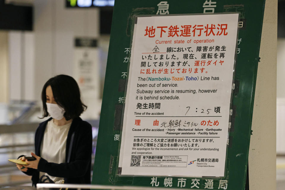 FILE - A notice on disruption to train services due to a missile launch by North Korea is displayed at a subway station in Sapporo, Hokkaido, northern Japan Tuesday, Oct. 4, 2022. (Kyodo News via AP, File)